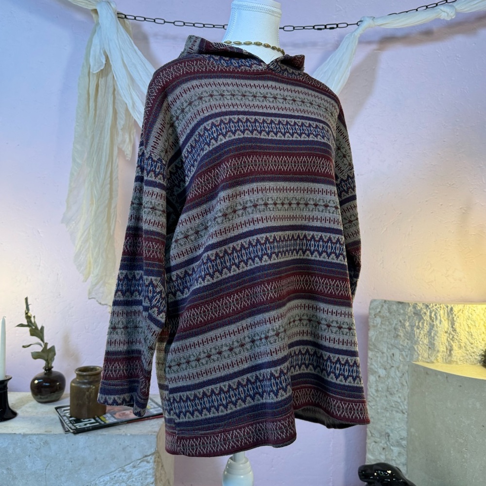 Vintage boho festival Geometric Knit Hooded Pullover — Size L